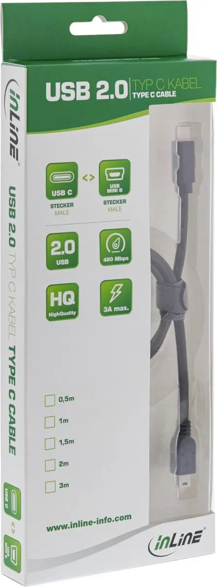 InLine USB Mini B naar USB-C Kabel 5m - USB 2.0 - 1A - Zwart