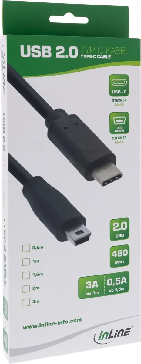 InLine USB Mini B naar USB-C Kabel 5m - USB 2.0 - 1A - Zwart