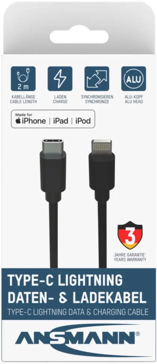 Ansmann Type C/Lightning USB Kabel 200cm - Zwart