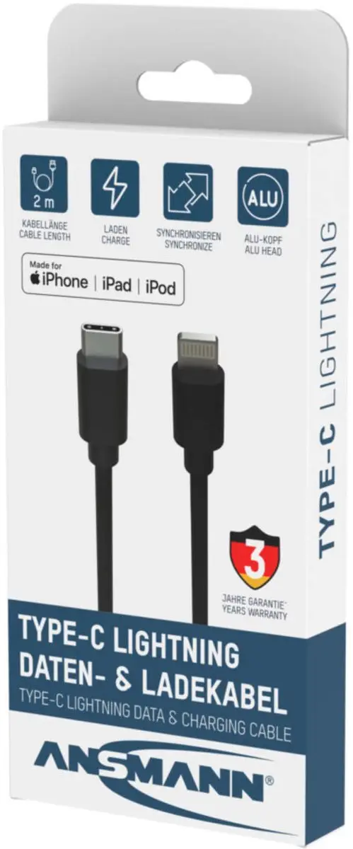 Ansmann Type C/Lightning USB Kabel 200cm - Zwart