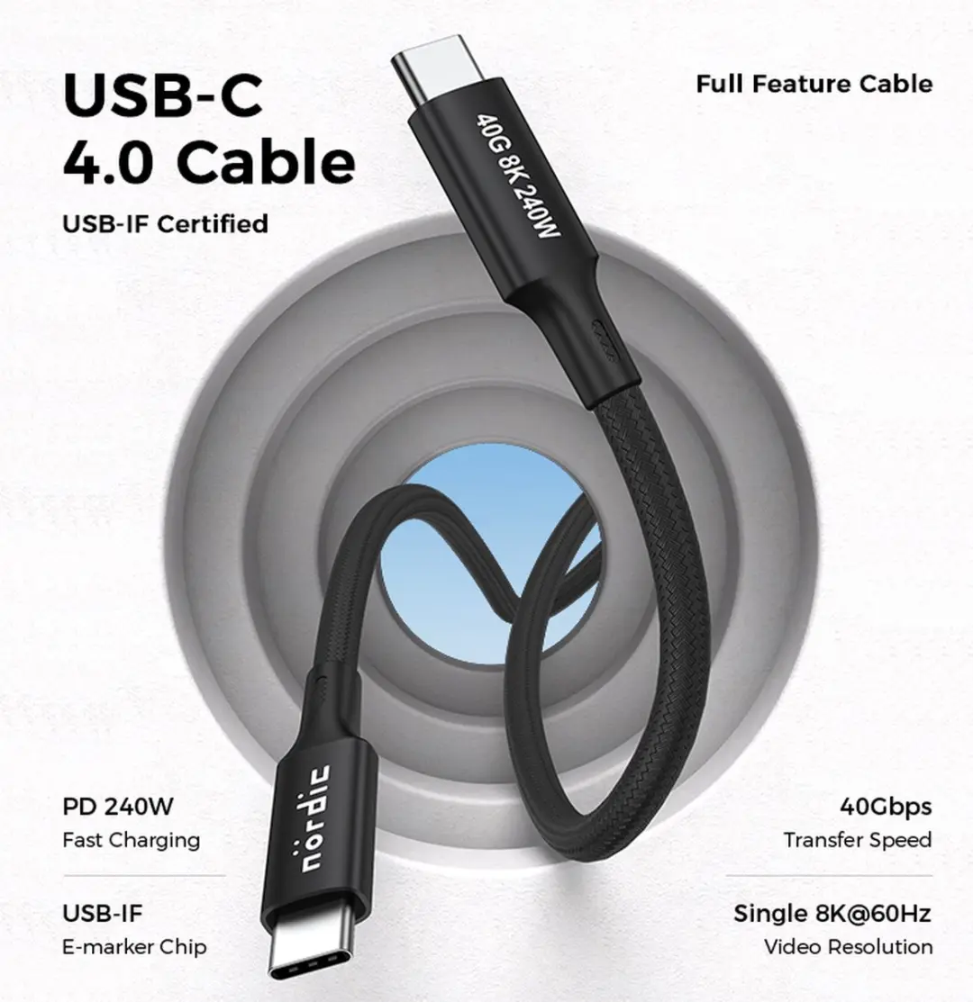NÖRDIC USB4-4150 USB-C Kabel 240W 8K 60Hz - 1,5m - Zwart