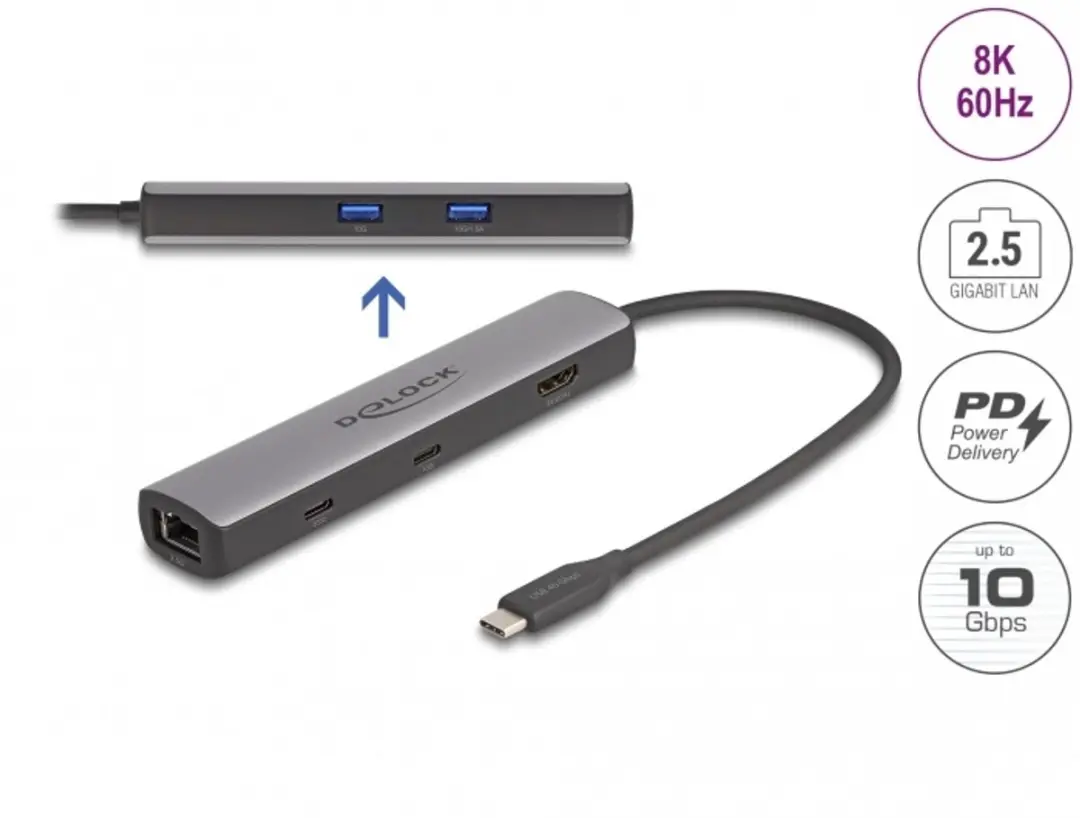 Delock USB 40Gbps Type-C Docking Station 8K - HDMI/USB 10Gbps/2.5G LAN - 100W PD - Zwart/Grijs