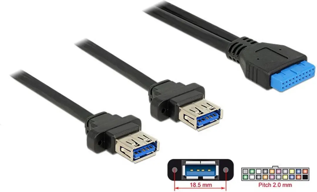 Delock USB 3.0 Kabel 19-pin Header Female naar 2x USB 3.0 Type-A - 80cm - Zwart