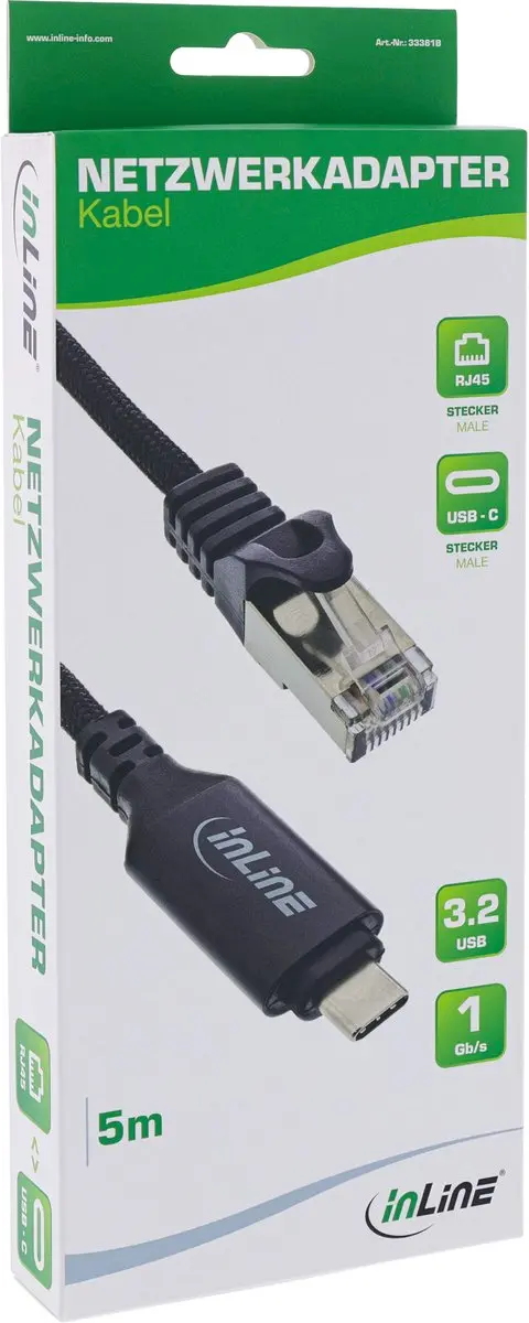 InLine USB-C naar RJ45 Gigabit Netwerkadapterkabel 5m - Zwart