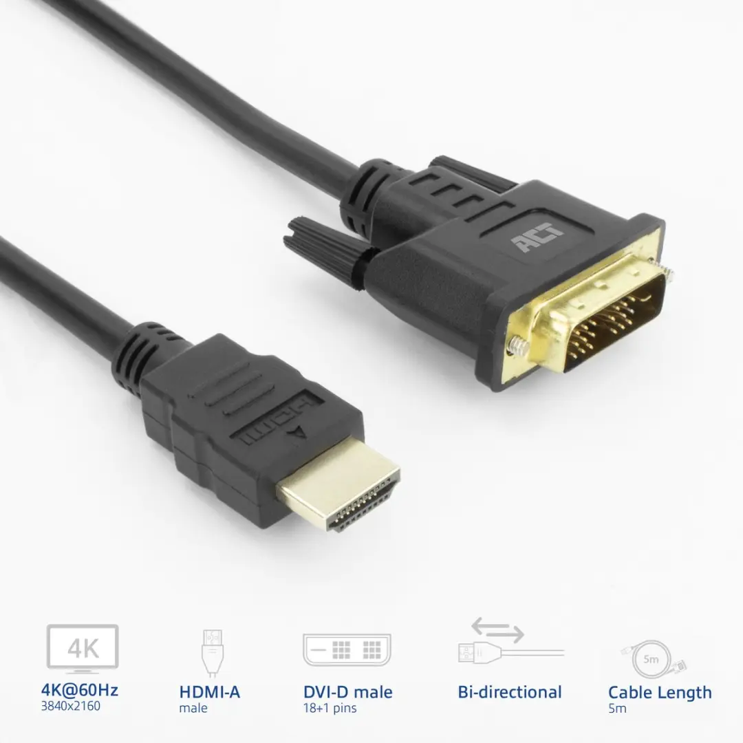 ACT HDMI naar DVI-D Adapterkabel AK3737 - 5m - Zwart