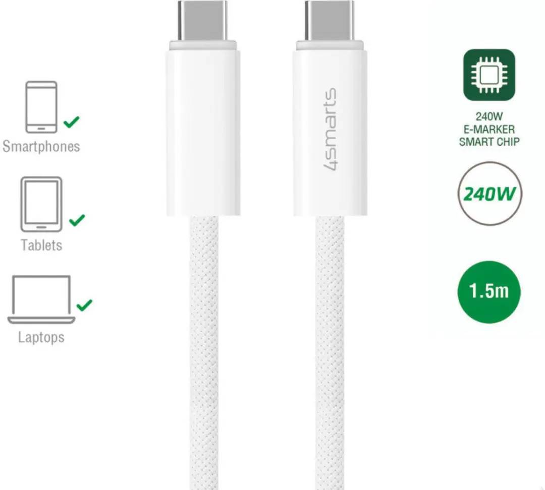 4Smarts Gevlochten USB-C Kabel 240W 1.5M - Wit - afbeelding 6 van 6