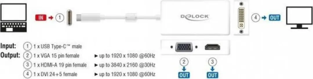 Delock USB-C naar HDMI/DVI/VGA Adapter - 0,15m - Wit