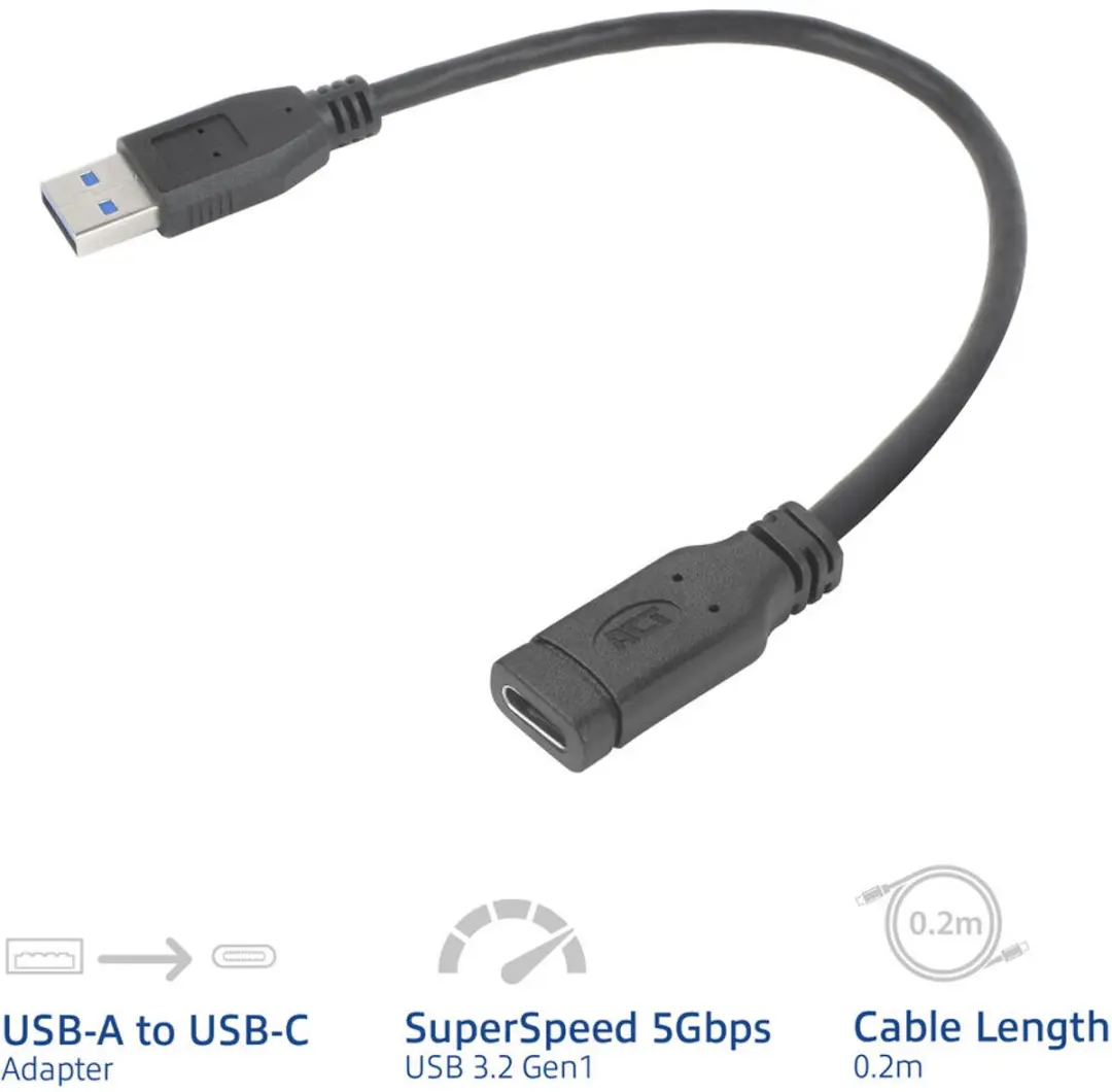 ACT AC7460 USB Type-A naar USB-C Adapterkabel 0,2m - Zwart
