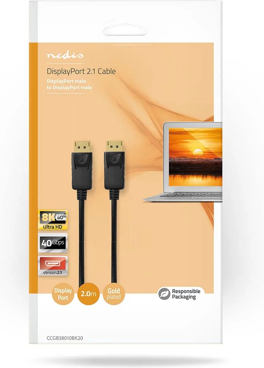 Nedis DisplayPort Kabel CCGB38010BK20 - 8K@60Hz - 2m - Verguld - Zwart