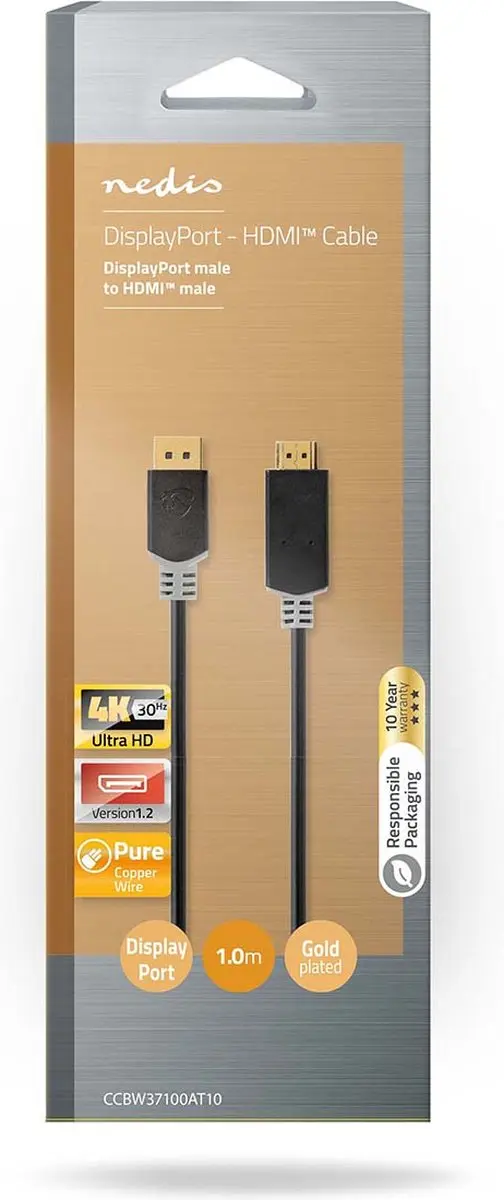 Nedis DisplayPort-HDMI Kabel 4K@30Hz 1m - Verguld - Antraciet