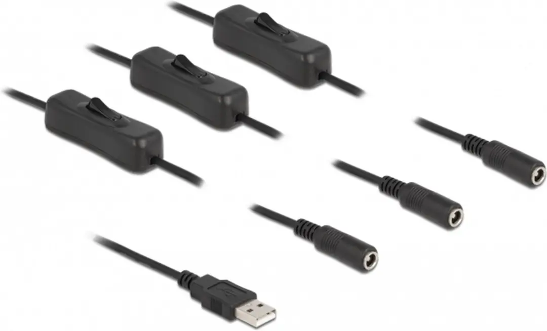Delock USB-A DC Splitter 3x 5,5x2,1mm - 5V/3A - 1m - Zwart