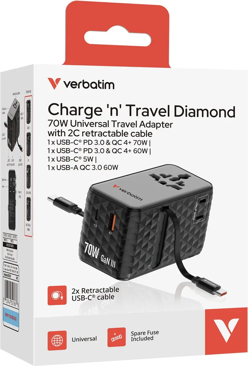 Verbatim VK VS Reisadapter - 1x USB-C 2x USB-C - Zwart