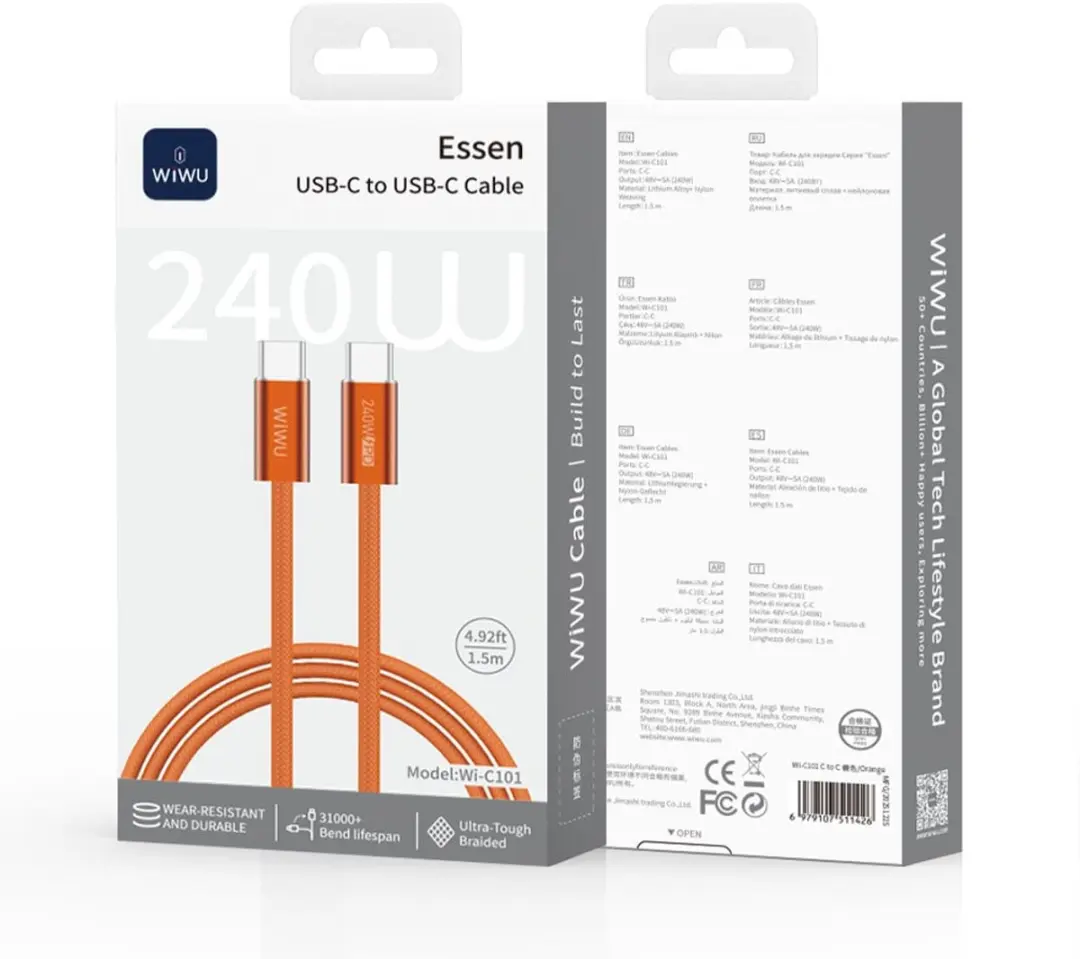 WiWu USB-C Kabel 240W Fast Charge - 1.5m - Oranje - afbeelding 6 van 6