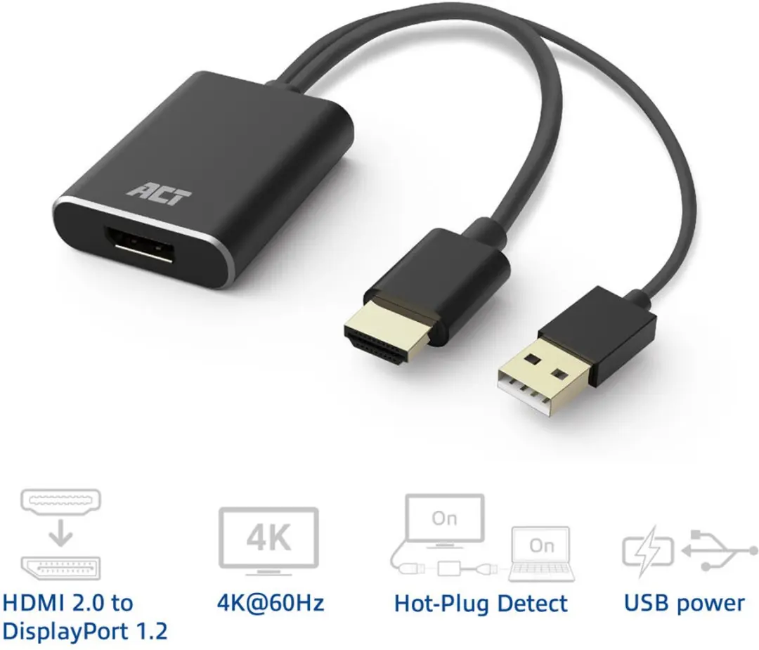 ACT HDMI naar DisplayPort Adapter AC7536 - 4K@60Hz - Zwart