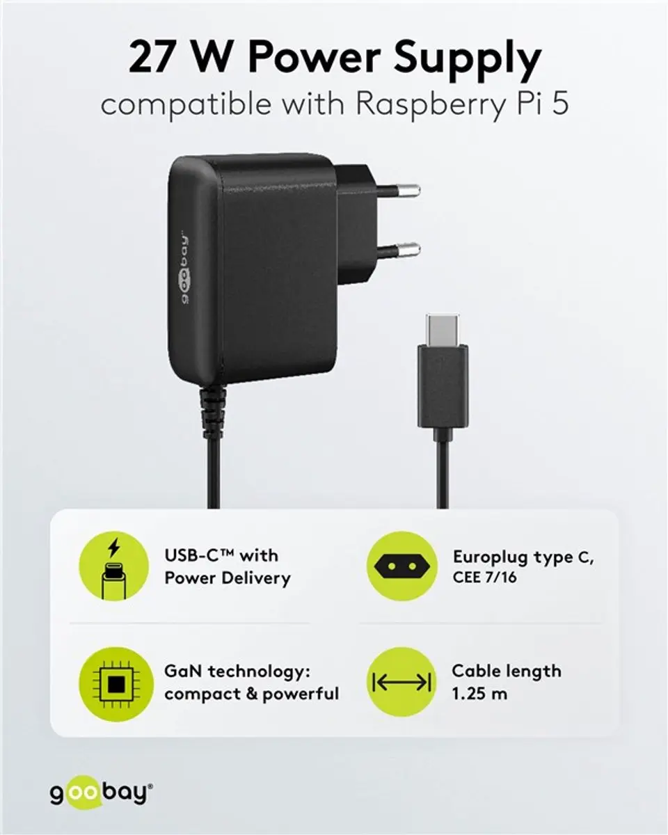 Goobay USB-C PD Lader GaN 27W - 1,25m Zwart