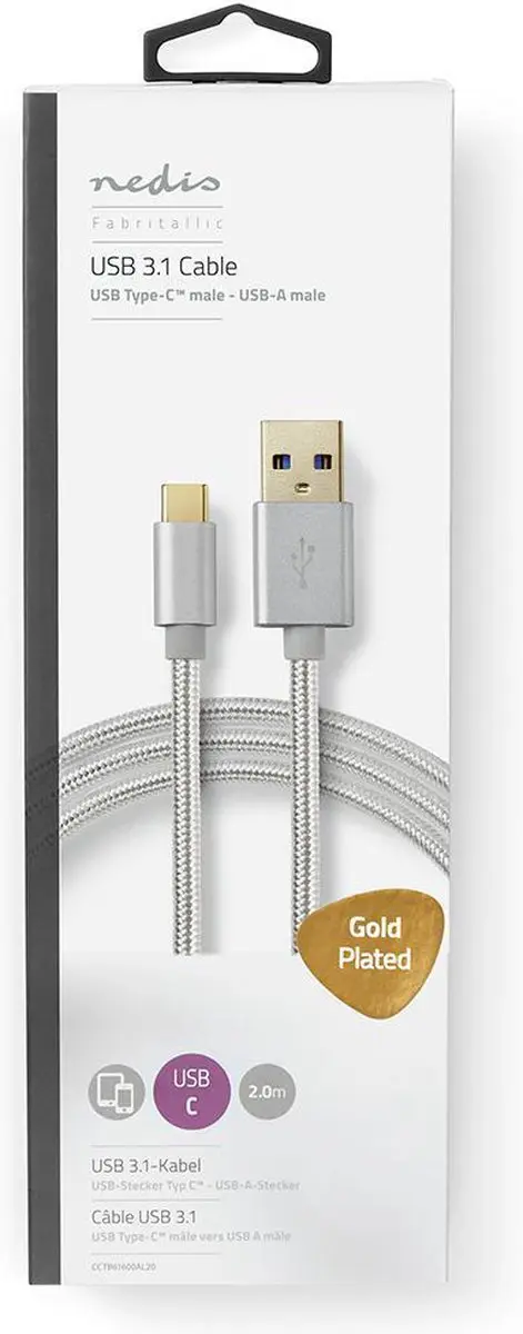 Nedis USB 3.2 Gen 1 USB-A naar USB-C Kabel 2m - 15W 5Gbps - Verguld - Aluminium