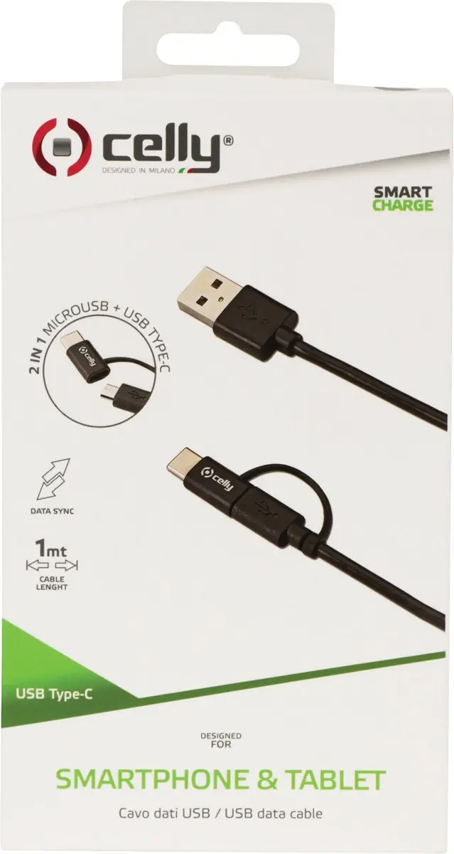 Celly USB-A naar Micro USB/USB-C Kabel 1m - Zwart