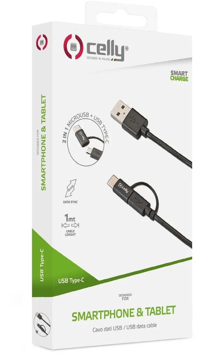 Celly USB-A naar Micro USB/USB-C Kabel 1m - Zwart