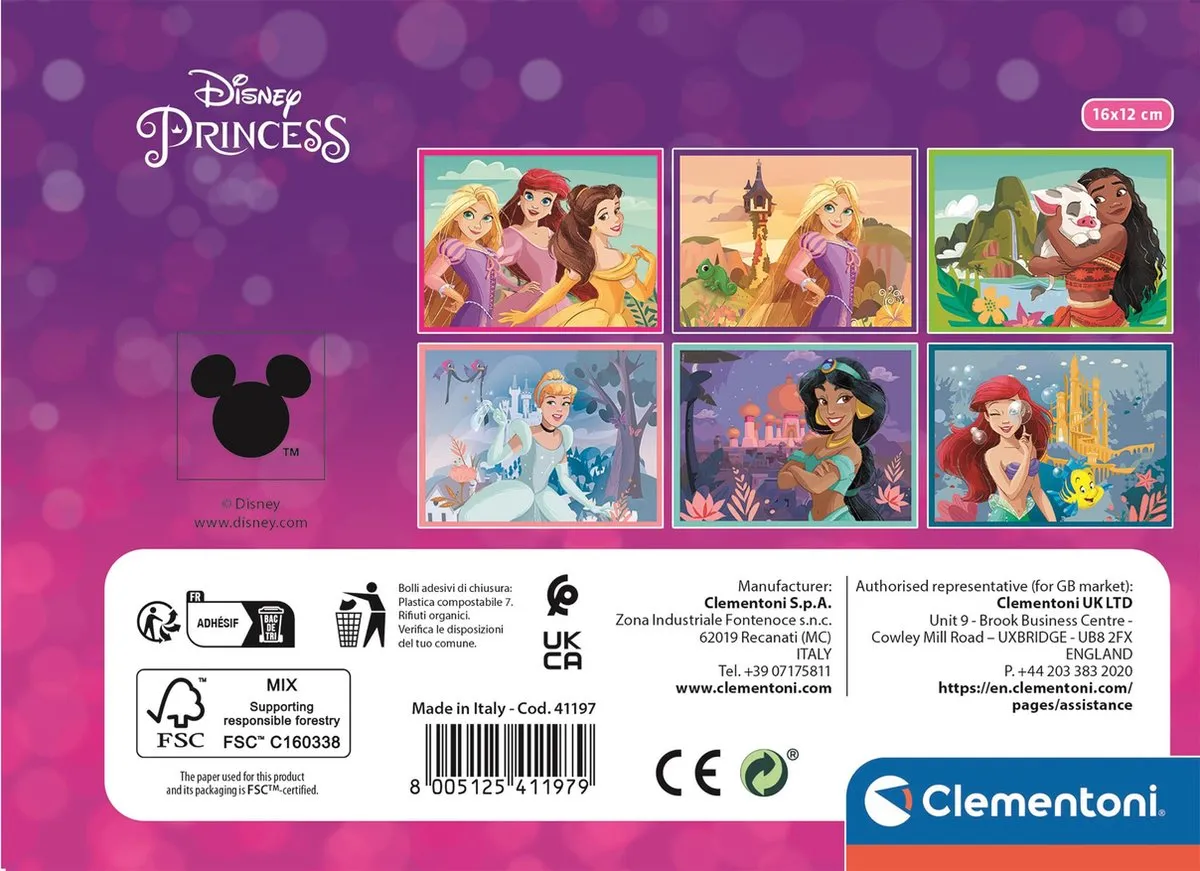Clementoni Disney Prinsessen 12-delige Puzzel - 6 Afbeeldingen
