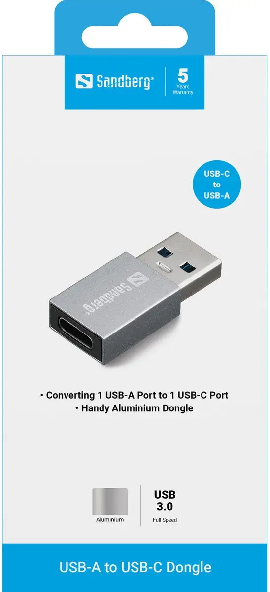 Sandberg USB-A naar USB-C Dongle - Aluminium