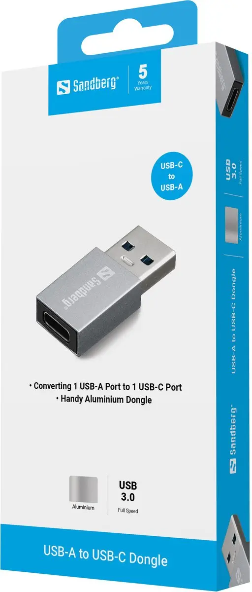 Sandberg USB-A naar USB-C Dongle - Aluminium