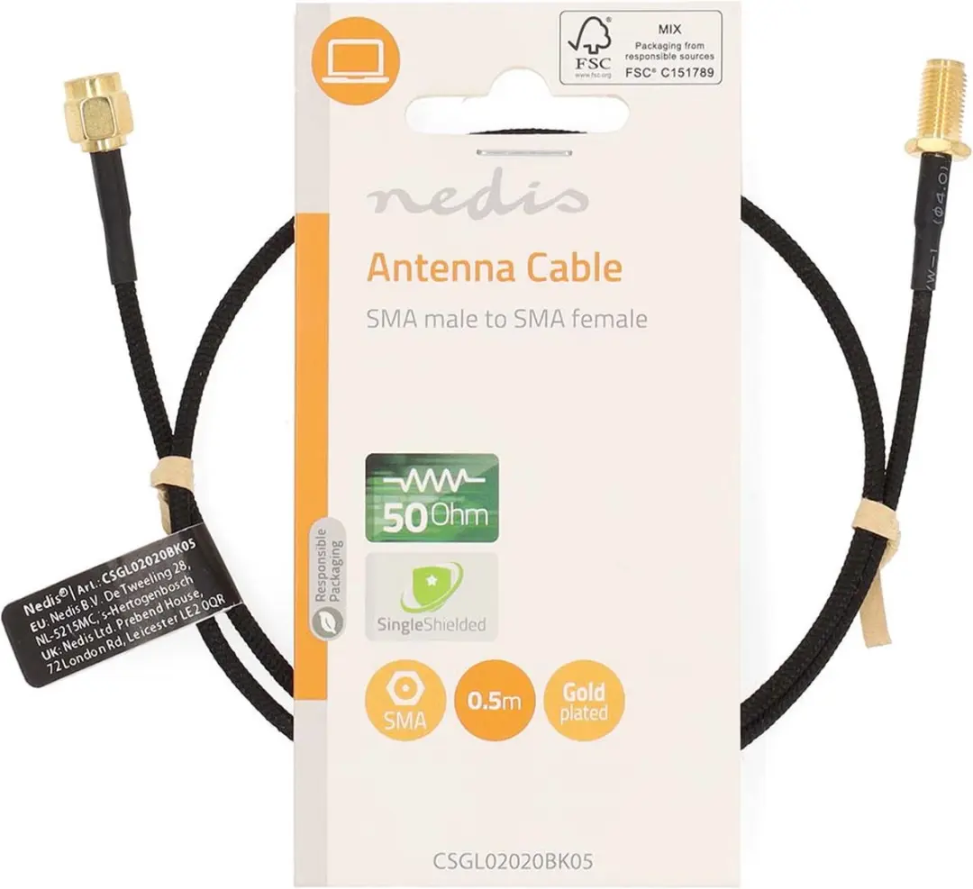 Nedis Antennekabel SMA Female - SMA Male 0.5m - Verguld - Zwart