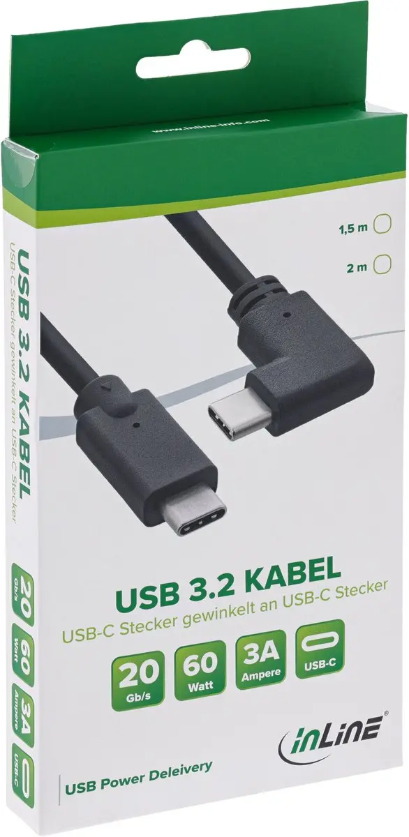 InLine USB-C Kabel Schuin 20Gb/s 100W - 2m - Zwart