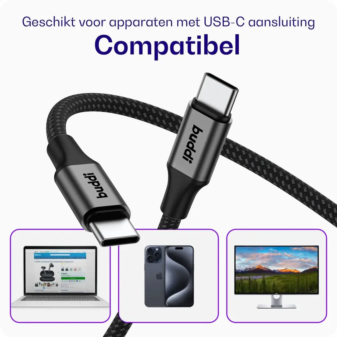 Buddi Flex USB-C Kabel BC300BK - 20Gbps - 4K@60Hz - 3m - Zwart