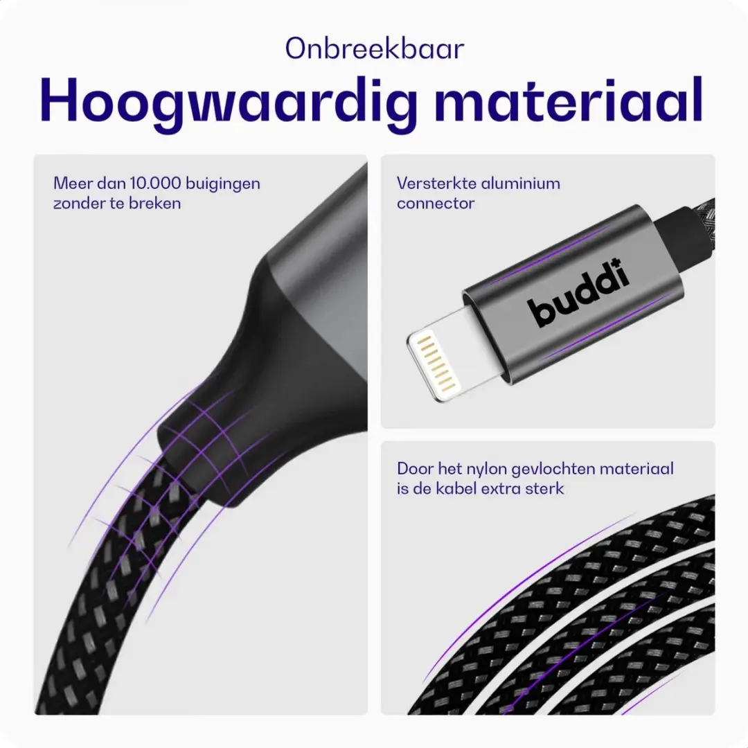 Buddi Flex USB-A naar Lightning Kabel 12W 2M - Zwart