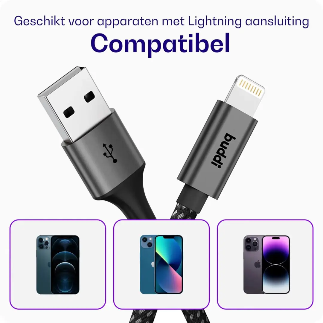 Buddi Flex USB-A naar Lightning Kabel 12W 2M - Zwart