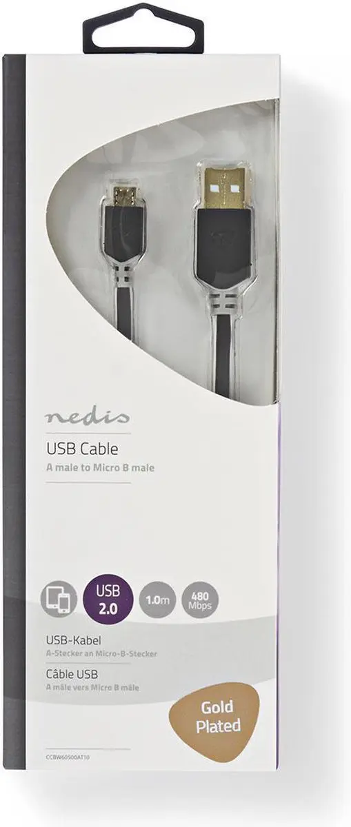 Nedis USB 2.0 Kabel A-MicroB Verguld 2m - Antraciet