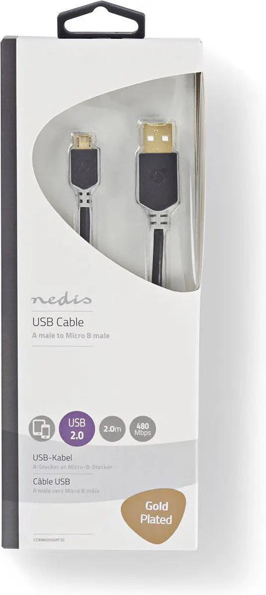 Nedis USB 2.0 Kabel A-MicroB Verguld 2m - Antraciet