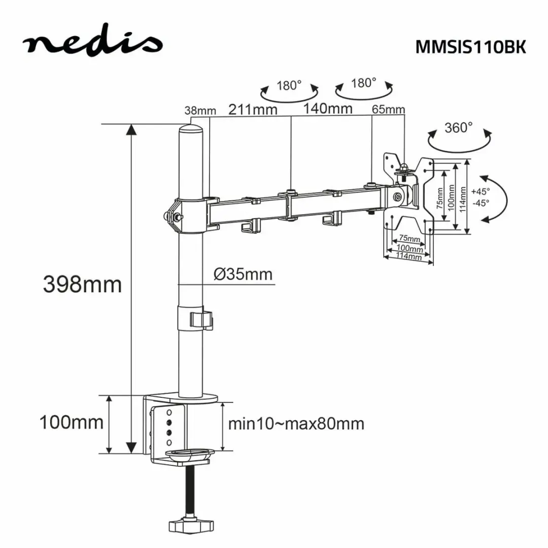 Nedis MMSIS110BK Monitorbeugel 15-32" - 75x75/100x100mm - Zwart