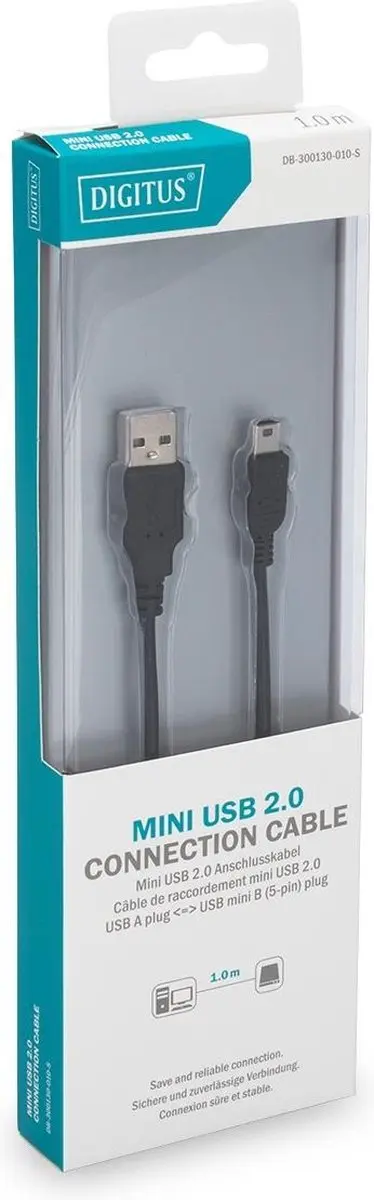 Digitus USB 2.0 USB-A naar Mini-B Kabel 1m - Zwart