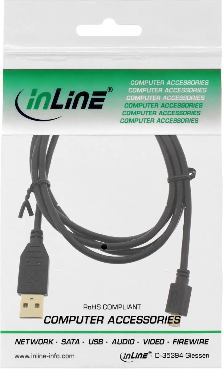 InLine Micro-USB 2.0 Kabel USB-A naar Micro-B 2m - Vergulde contacten - Zwart