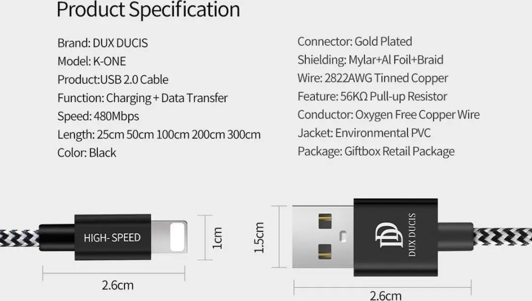 Dux Ducis K-One USB Lightning Kabel 3.0m - Zwart/Wit