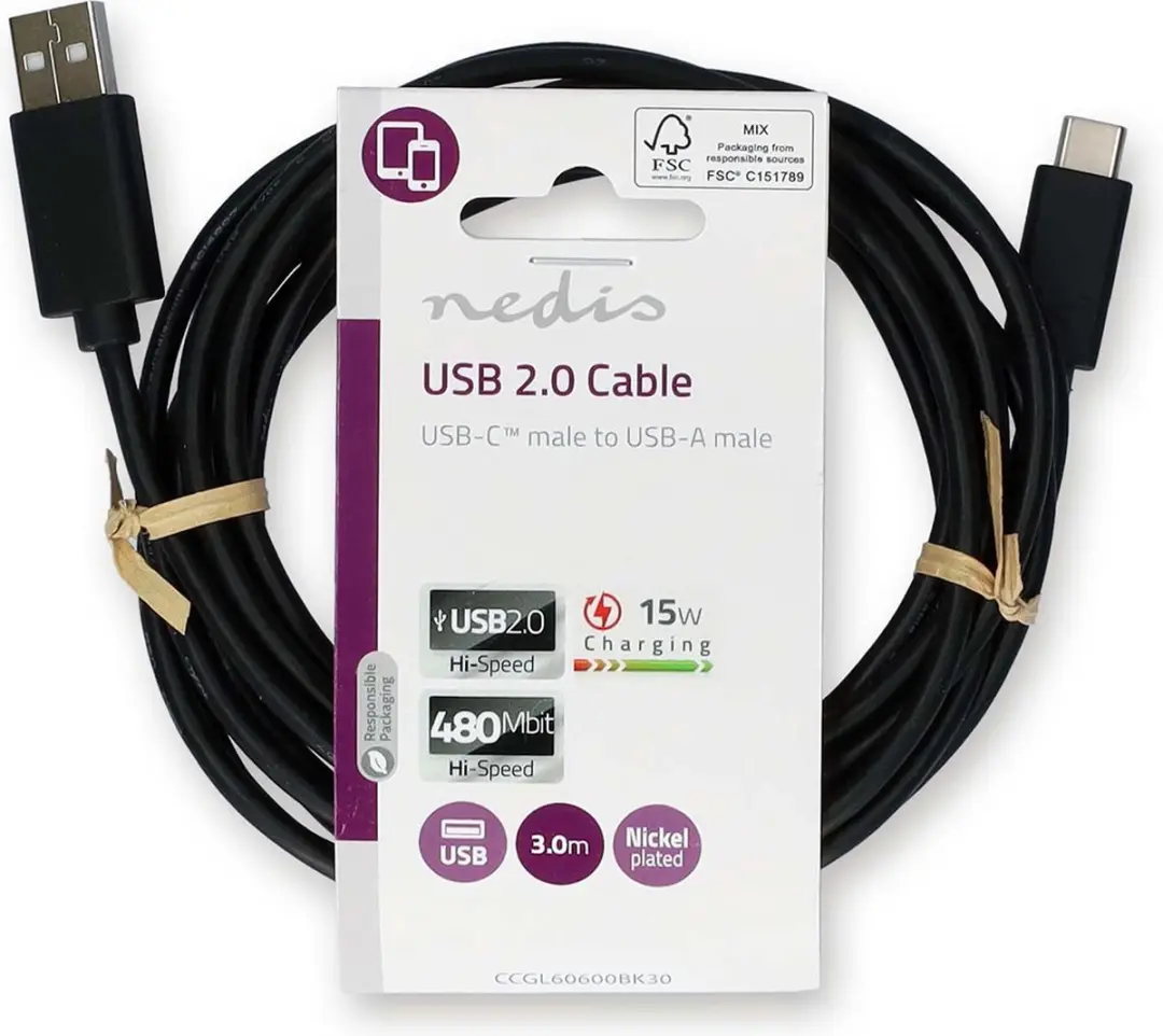 Nedis USB 2.0 USB-A naar USB-C Kabel 15W 480Mbps 3m - Zwart