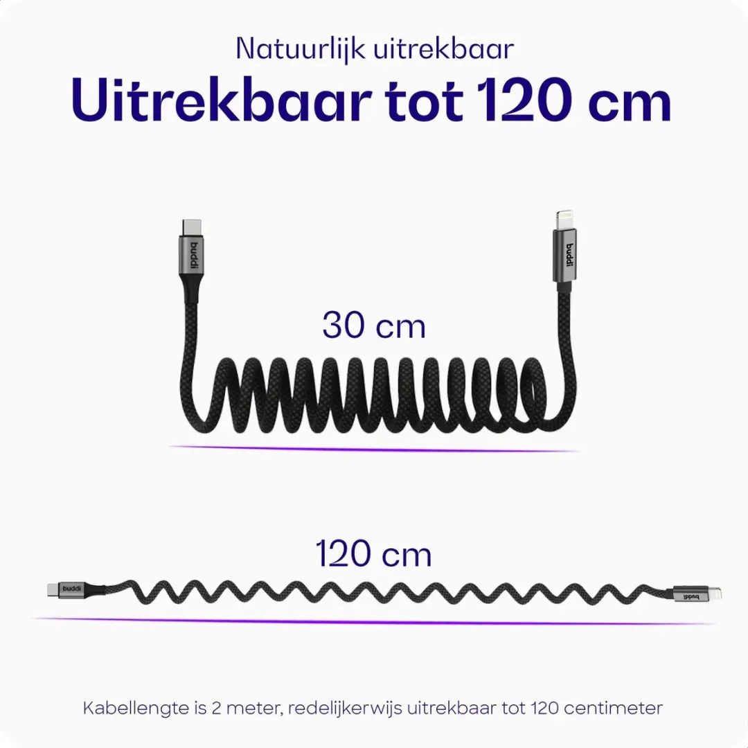 Buddi Flex Uitrekbare USB-C naar Lightning Kabel 12W - 2M - Zwart