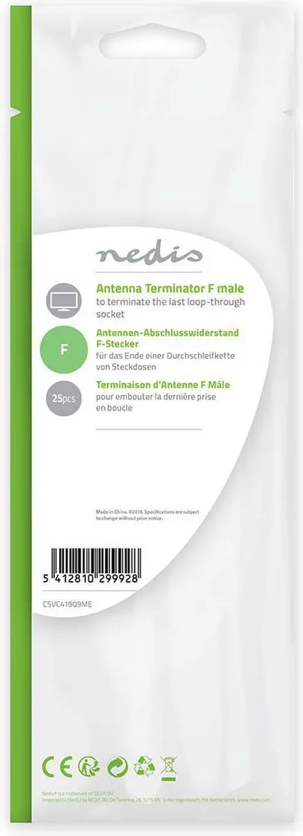 Nedis F-Connector Terminator Male Vernikkeld 75 Ohm - 25 Stuks