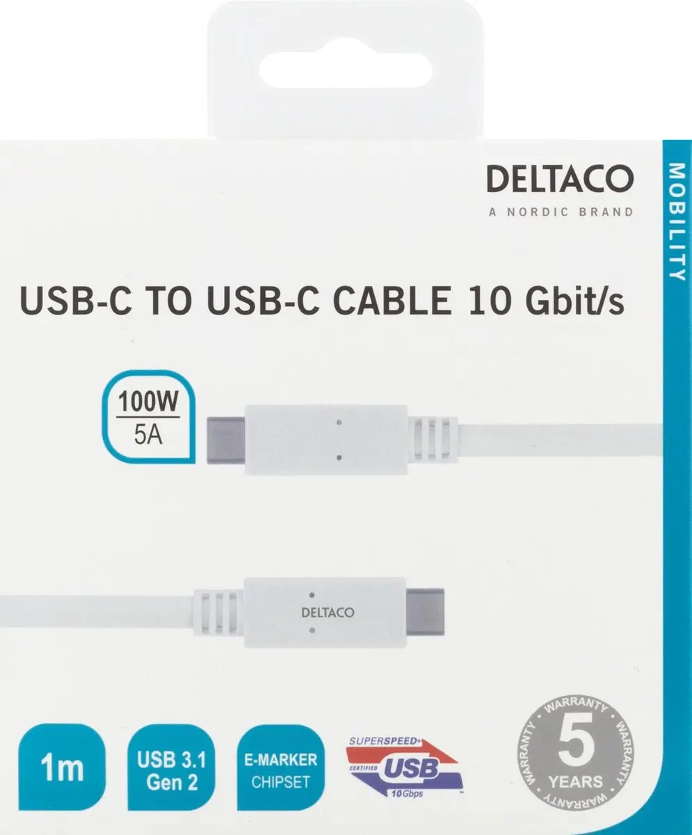 Deltaco USBC-1407M USB-C Kabel 10Gbps - 1m Wit