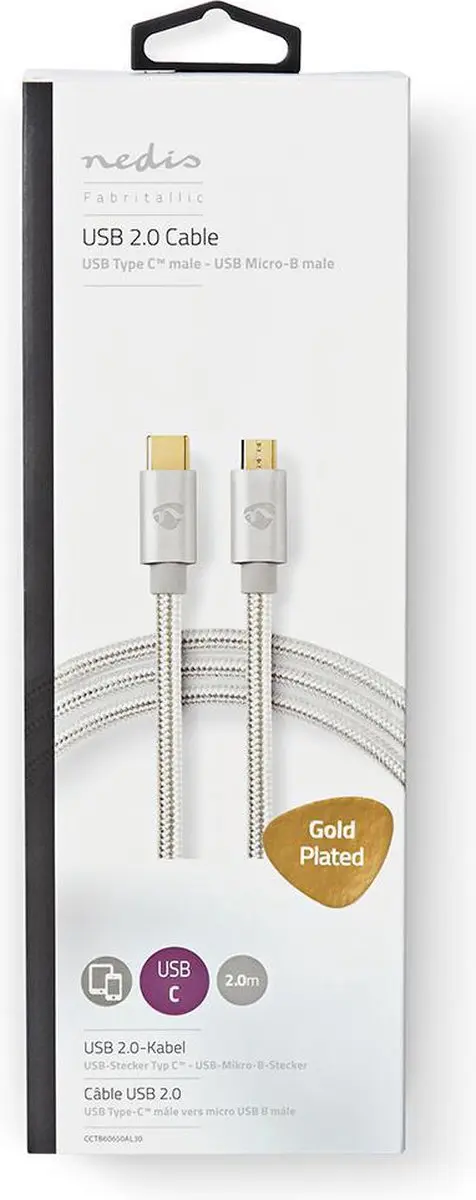 Nedis USB-C naar Micro-USB Kabel 2m - 10W 480Mbps - Verguld - Aluminium