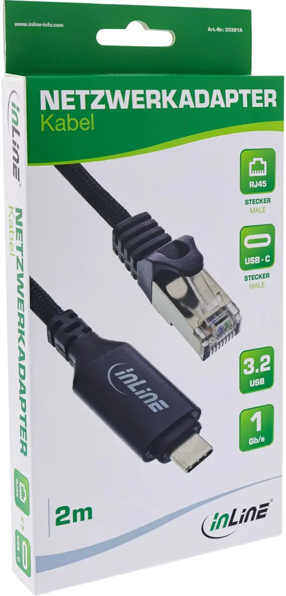 InLine USB-C naar RJ45 Gigabit Netwerkadapterkabel 2m - Zwart