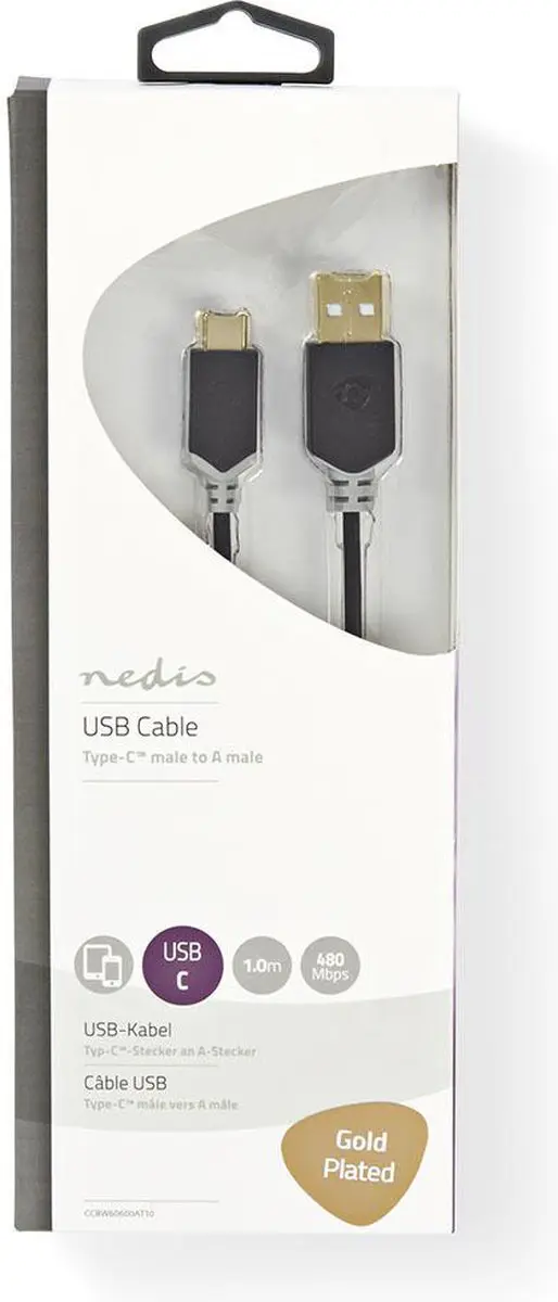 Nedis USB 2.0 USB-A naar USB-C Kabel 60W 1m - Antraciet