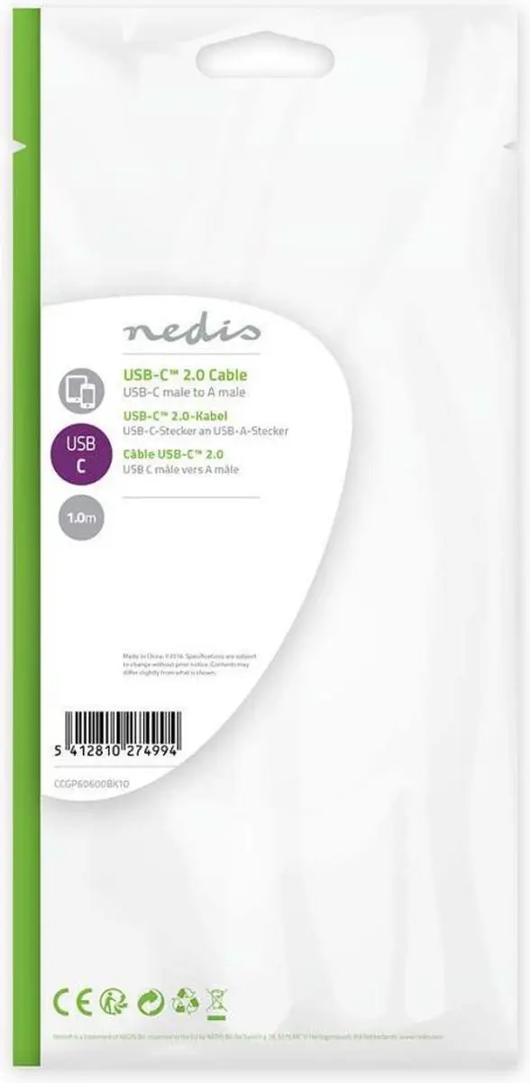 Nedis USB 2.0 USB-A naar USB-C Kabel 15W 480Mbps 1m - Zwart