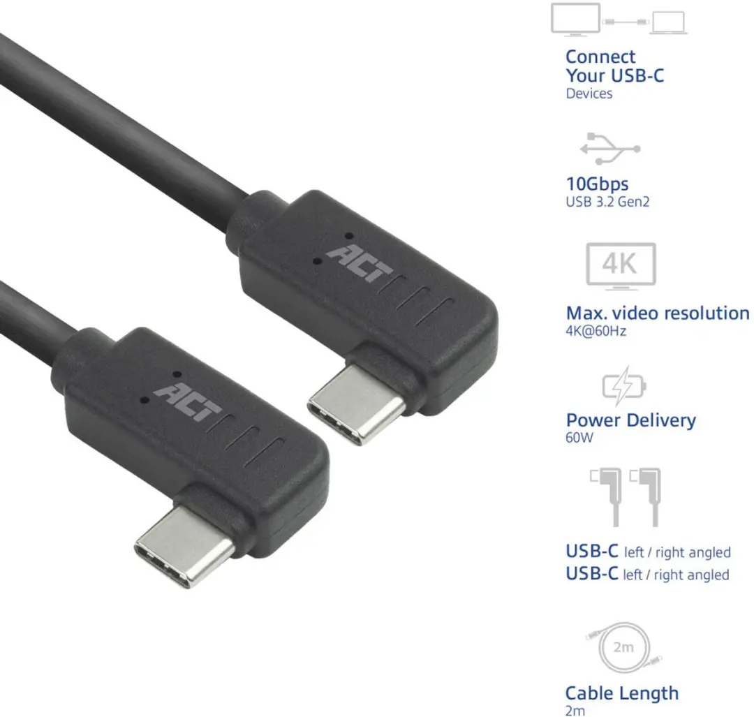 ACT AC7486 USB Type-C Kabel 10Gbps 60W 0.5m - Zwart