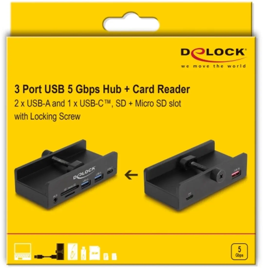 Delock 64285 USB 3.0 Hub 5Gbps - 2x USB-A 1x USB-C Cardreader - Zwart