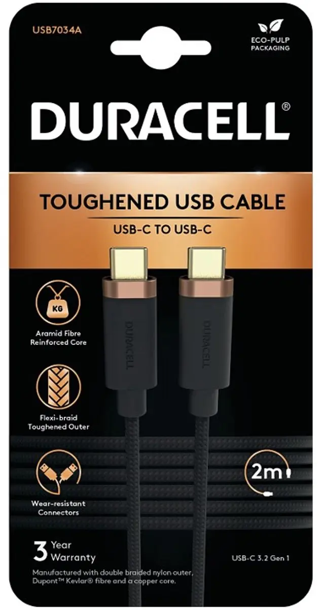 Duracell Toughened Kevlar USB-C Kabel 65W 2m