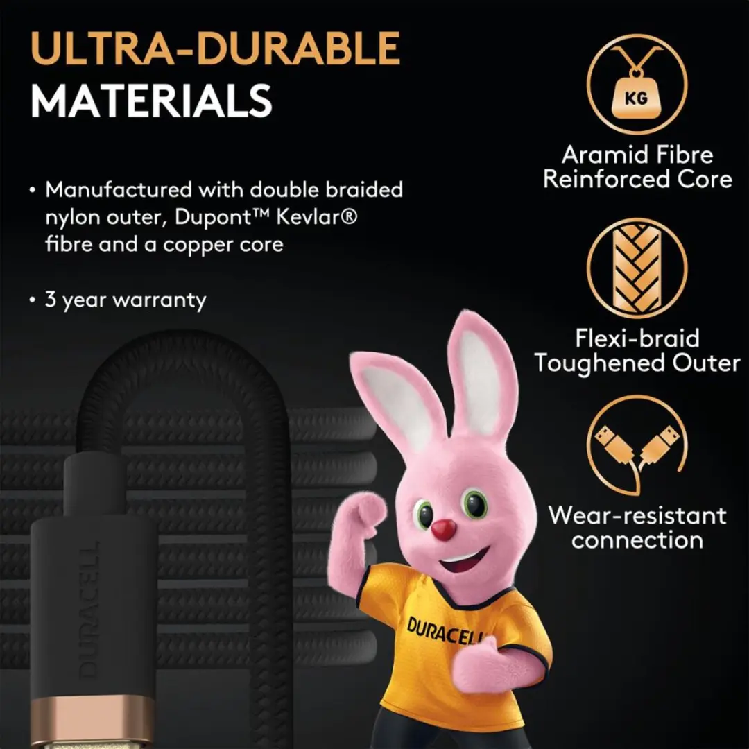 Duracell Toughened Kevlar USB-C Kabel 65W 2m - Zwart