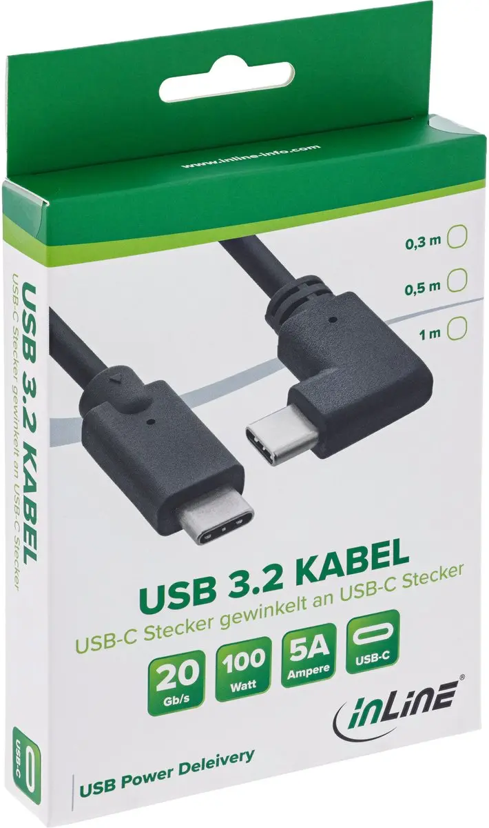InLine USB-C Kabel Schuin 20Gb/s 100W 0,5m - Zwart