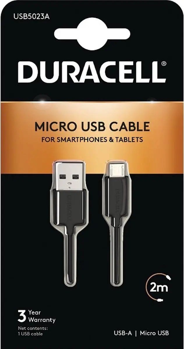 Duracell USB2.0 A naar Micro USB Kabel 2m - Zwart